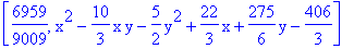 [6959/9009, x^2-10/3*x*y-5/2*y^2+22/3*x+275/6*y-406/3]